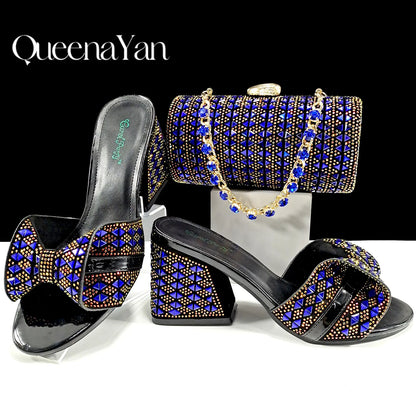 Italian Fashion Banquet Shoes and Bags African Women's Hand Bags with Rhinestone Decoration and Women's High Heels