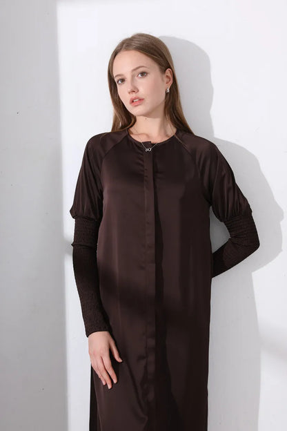 woman clothing satin dress button down design smocking sleeve maxi dress ( Ship out in 1 day)