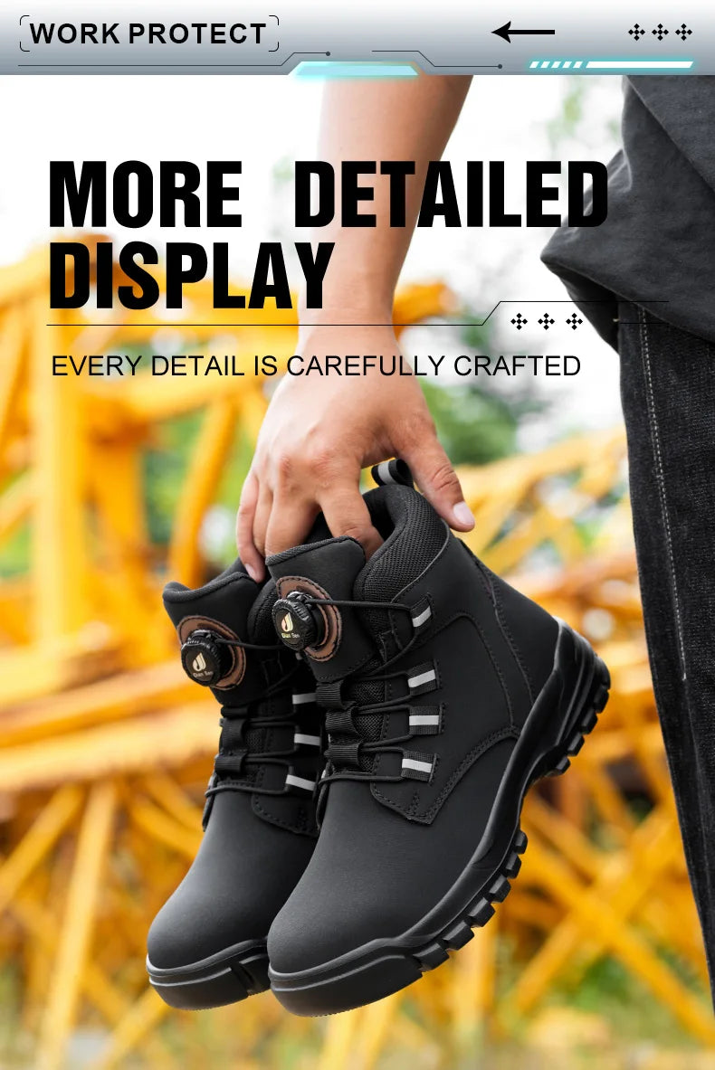 Leather Non Slip Work Boots for Men Rotating Button Safety Shoes Steel Toe Sneaker Male Puncture Proof Protective Boots