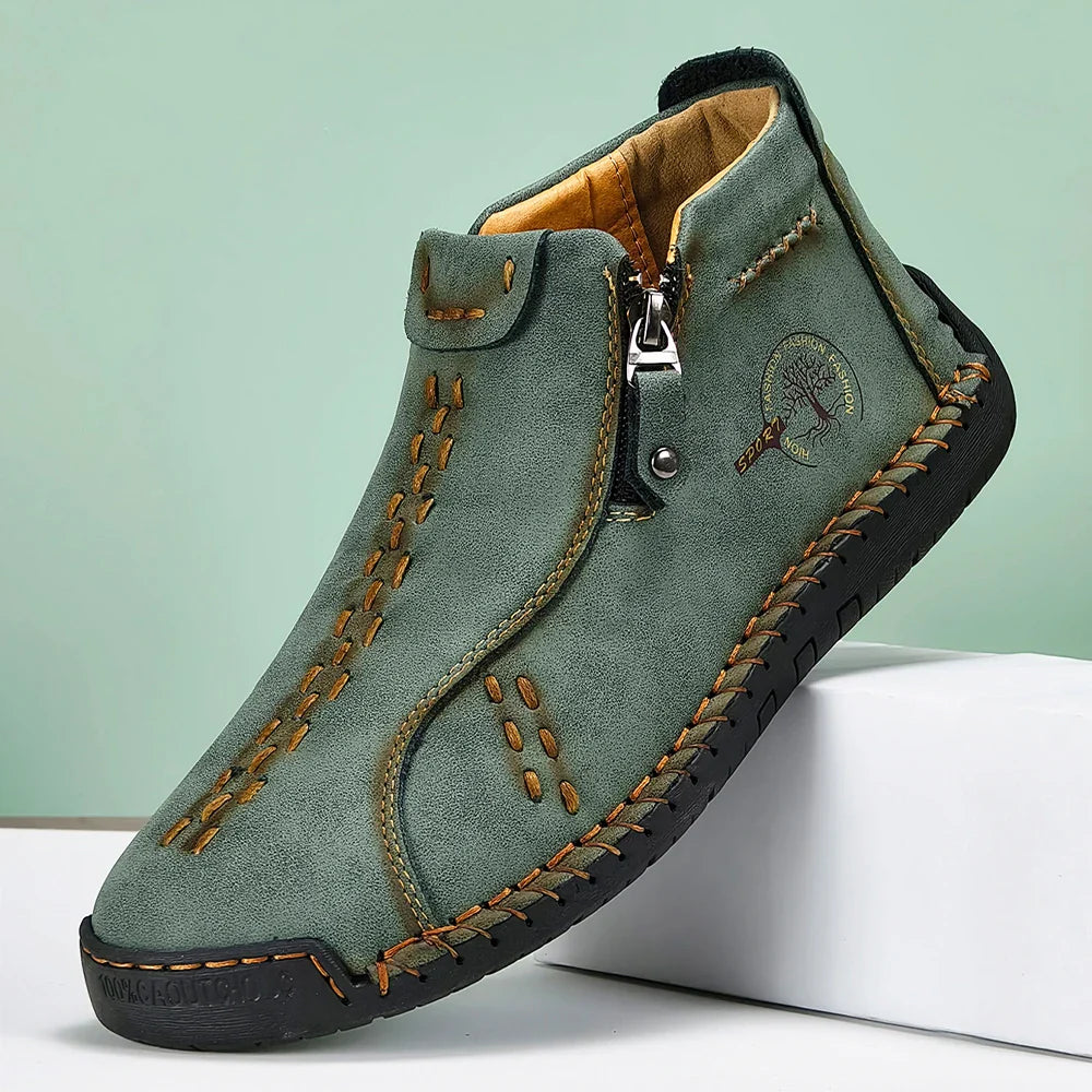 Sapatos Masculinos Clássicos de Couro Feitos à Mão, Design com Zíper, Tênis Esportivos para o Ar Livre, Sapatos Casuais Respiráveis com Elástico, Botas Masculinas de Couro no Tornozelo