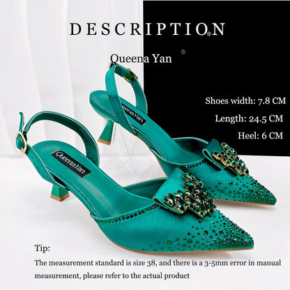 Elegant Green Handbag Medium Heel Shoe Set with Exquisite Handmade Metal Decoration Accents for Wedding & Parties