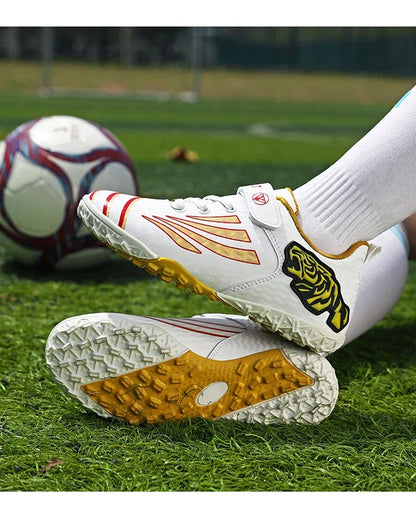Fashion Gold Children's Football Shoes Outdoor Non-slip Turf Soccer Shoes Kids HOOK&LOOP Low-cut Sports Sneakers Child Trainers