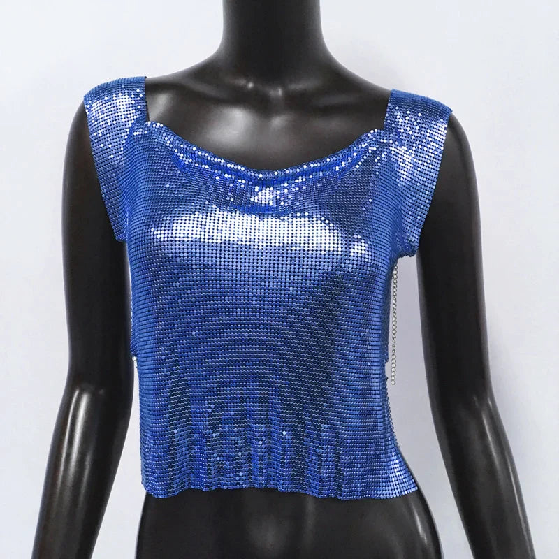 Women Metal Sequins Crop Tops Sexy Hollow Out Sleeveless Backless Y2k Tank Tops Nightclub Party Rave Festival Camisole 2023 New