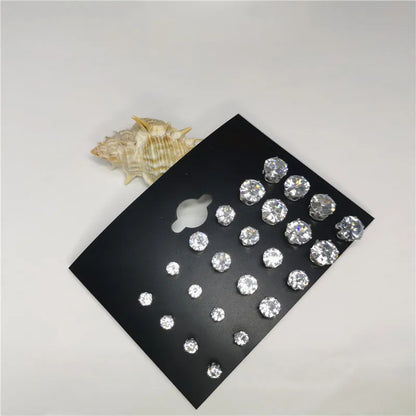 24pcs Cubic Zirconia Stud Earrings - Stainless Steel Claw Set for Men (12 Pairs)