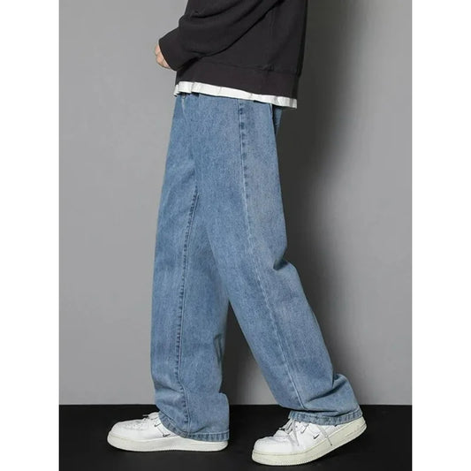 2026 New Korean Men's Casual Long Jeans Classic Man Straight Denim Wide-leg Pants Solid Color Light Blue Black 3XL Cargo Jean