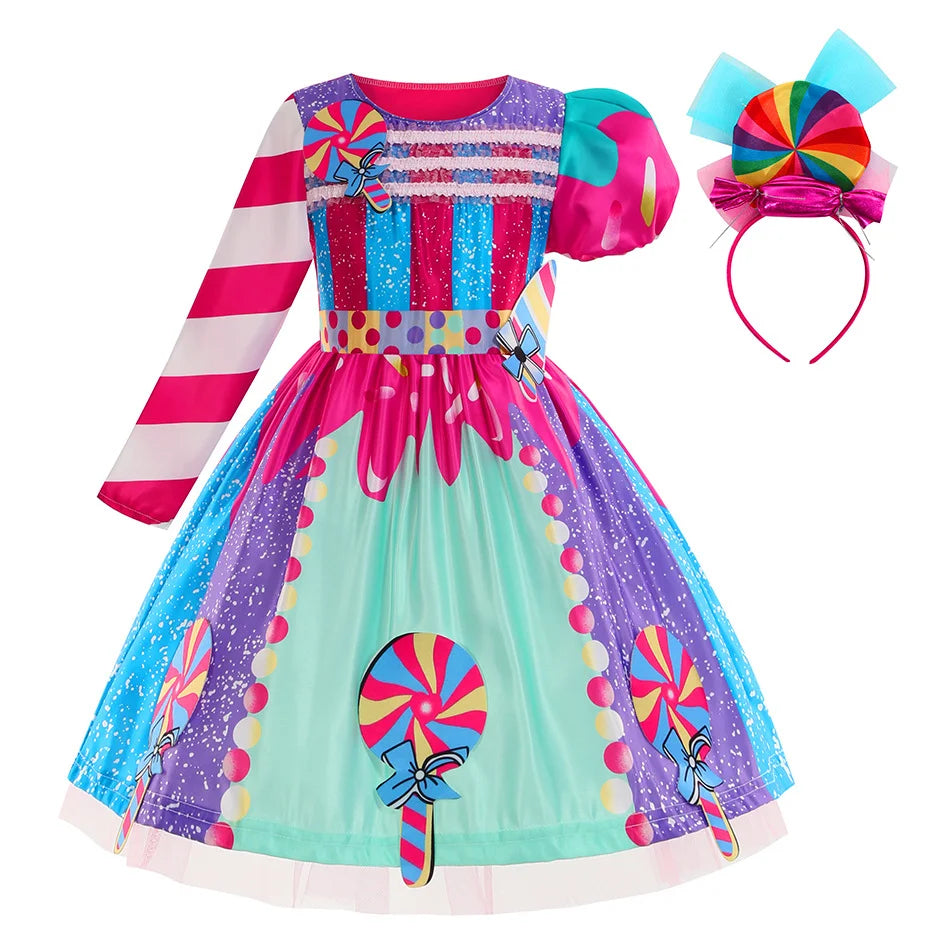 2026 New Candy Dress For Baby Girl Purim Carnival Birthday Costume Fancy Rainbow Short Sleeve Cute Dress + Accessories Set