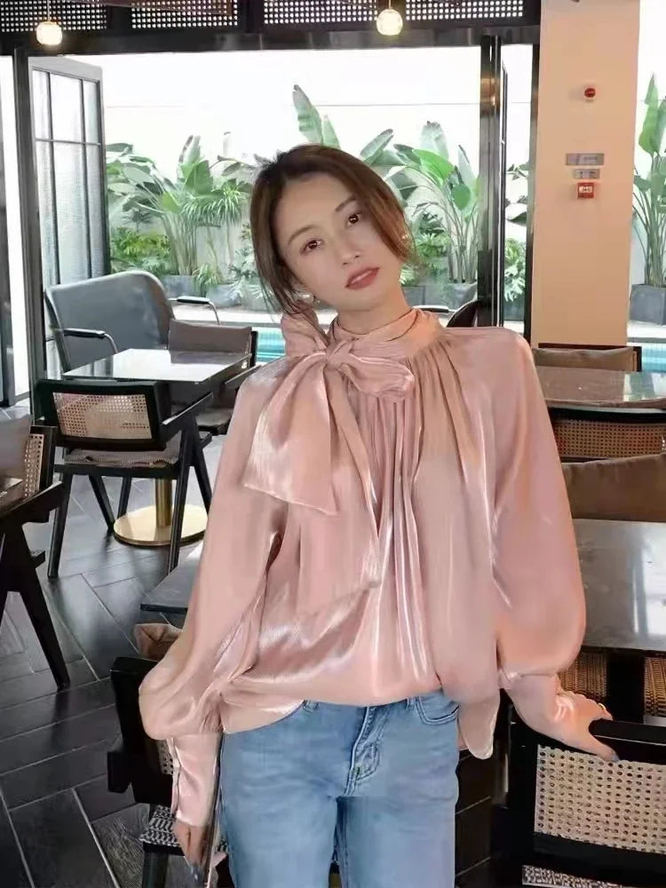 Women's Satin Blouses Stylish Big Bow Shirts 2023 Spring Autumn New Fashion Korean Edition Casual Puff Sleeve Female Solid Top