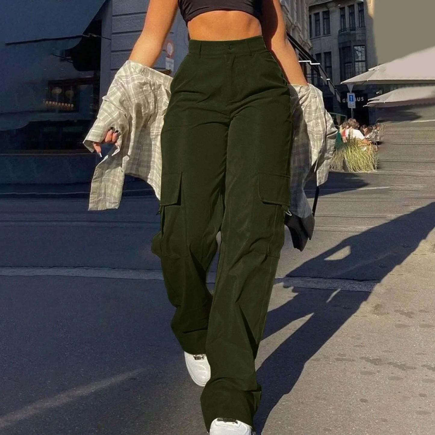 Cargo Pants Women Retro Loose Full Length Straight Leg Trousers