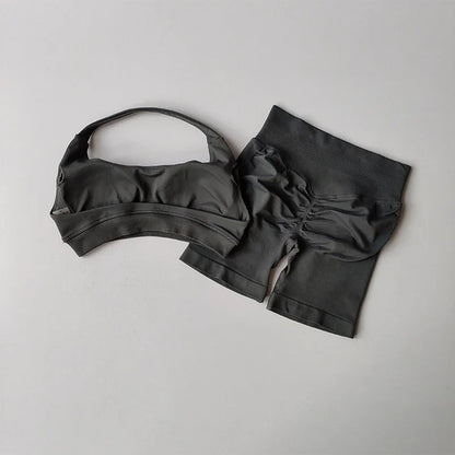 Sexy Halter Neck Beautiful Back High Waist Peach Sports Bras Shorts Suit Pilates Gathering Yoga Vest Training Fitness Bra Sets