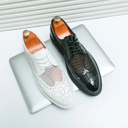Fashion Derby Leather Men Shoes Summer Breathable White Brogue Lace Up Solid Dress Shoes Business Casual Party Wedding Shoes Men