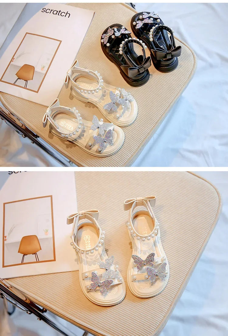 Kids Roman Sandals 2024 New Girls'  Princess Shoes with Butterfly Girl Fashion Sweet Pearl Beach Shoes with Back Knot Anti Slip