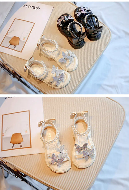 Kids Roman Sandals 2024 New Girls'  Princess Shoes with Butterfly Girl Fashion Sweet Pearl Beach Shoes with Back Knot Anti Slip