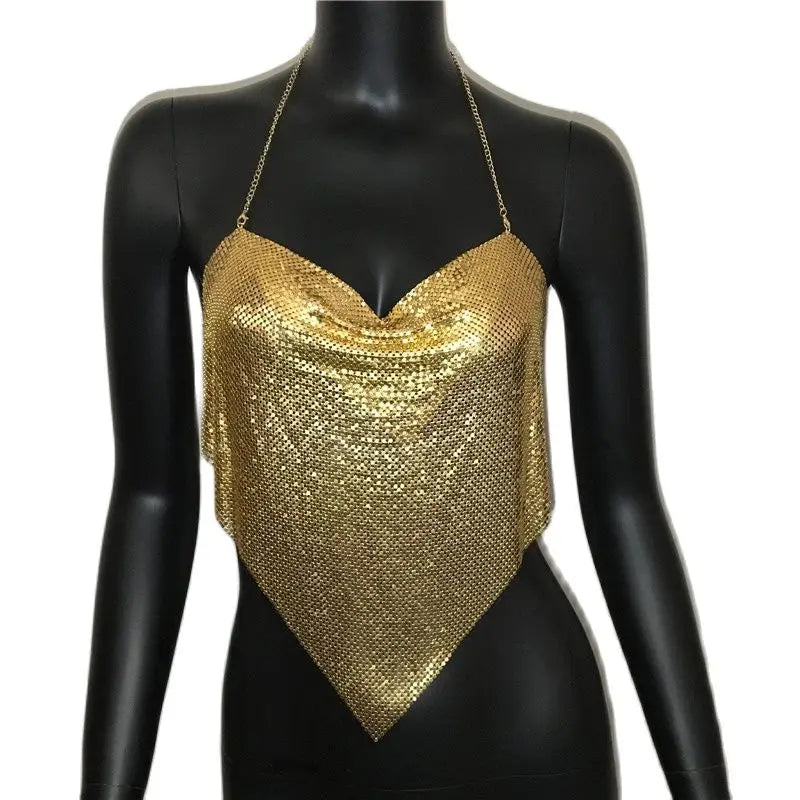 Shiny Metal Sequins Tank Tops For Women Sexy Backless V Neck Adjustable Chain Crop Top Lady Festival Rave Party Club Camisole