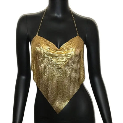 Shiny Metal Sequins Tank Tops For Women Sexy Backless V Neck Adjustable Chain Crop Top Lady Festival Rave Party Club Camisole