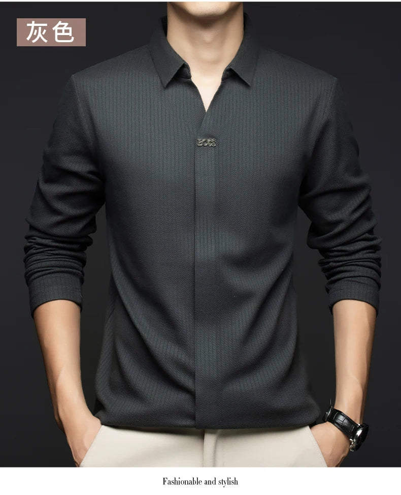 Men's Business Casual Solid Color Stretch V-neck POLO Shirt Daily Commute Striped Sweater for Fall 2024.