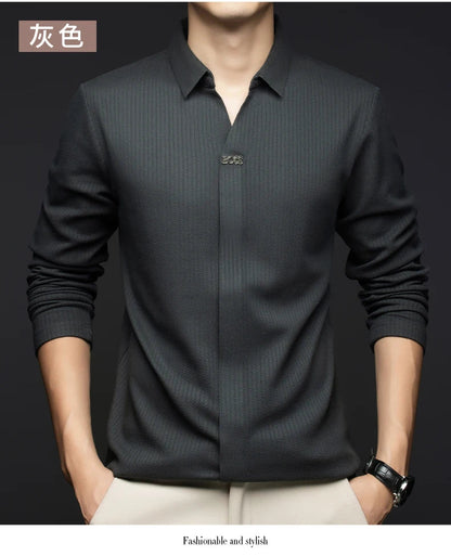 Men's Business Casual Solid Color Stretch V-neck POLO Shirt Daily Commute Striped Sweater for Fall 2024.