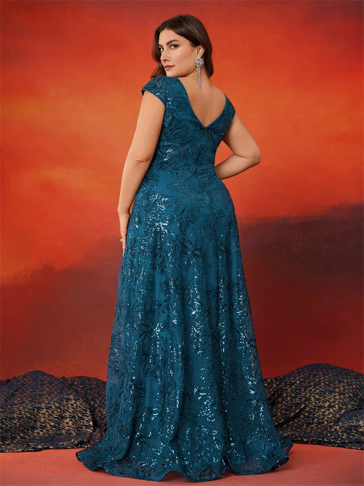 Vestido de festa plus size elegante com lantejoulas e decote V nas costas, manga curta, luxuoso, longo, estilo A-line, para formatura, casamento, festa e coquetel