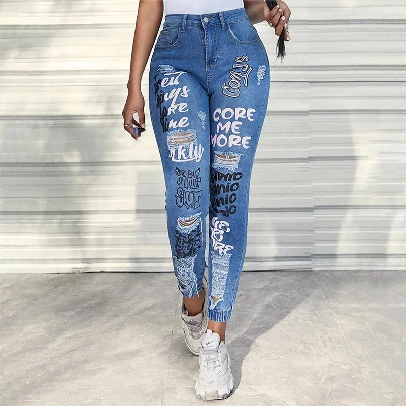 Fashion Alphabet Print Stretch Leg Pencil Jeans Women Trend Broken Holes Denim Pants Female Slim Mid Waist Button Chic Trousers