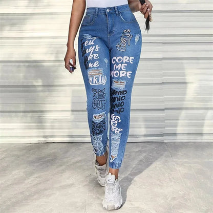 Fashion Alphabet Print Stretch Leg Pencil Jeans Women Trend Broken Holes Denim Pants Female Slim Mid Waist Button Chic Trousers