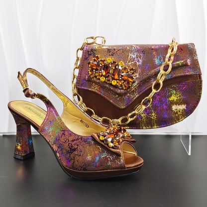 INS Purple Rhinestone-Embellished and Colorful Striped Design Party Wedding Peep Toe Bigger Size Ladies High Heels and Bag Set
