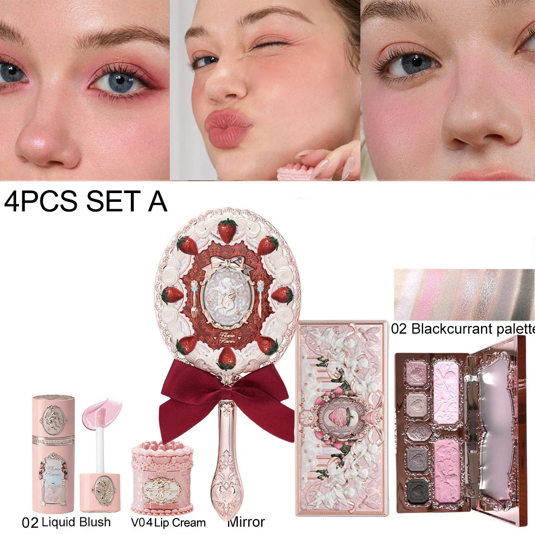 Flower Knows Strawberry Cupid Velvet Matte Lip Cream Pressed Powder Liquid Blush Set Long Lasting Lightweight Makeup