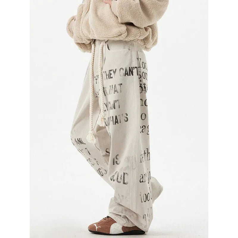 Spring 2025 Graffiti Apricot Jeans Women Y2K Vintage High Waisted Jeans Straight Streetwear Loose Large Wide Leg Denim Pants