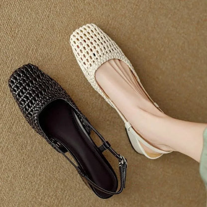 French square-toed woven high-heeled sandals, 2025 summer new skeletonized fashionable leather fabric mid-heel women's shoes