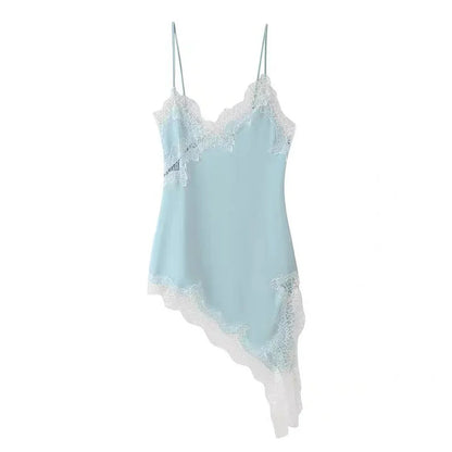 Soft Womens Satin Lace Trim Asymmetrical Top Y2k Irregular Hem Tanks Vest Top V Neck Coquette Going Out Camis Tops Streetwear