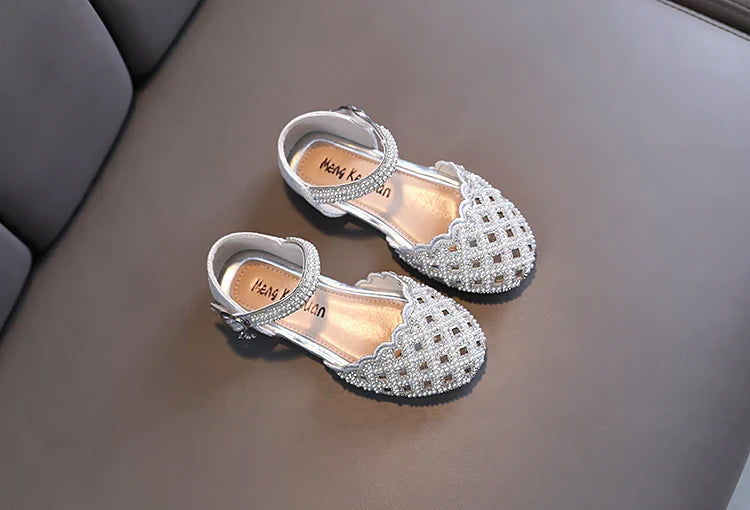 Summer Girl's Sandals Sliver Pink Diamante Luxury Hollow-out Kids Sliders Hook-loop Round Toe Glitter Stylish Children Shoe26-36