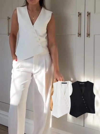 Casual Women Solid Tops Asymmetric V-Neck Single Breasted Pockects Sleeveless Vest Fashion 2025 Autumn Blazer Tops