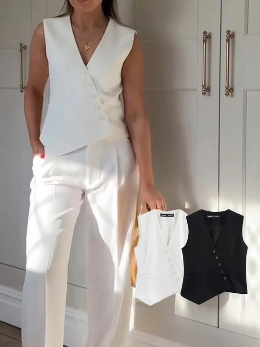 Casual Women Solid Tops Asymmetric V-Neck Single Breasted Pockects Sleeveless Vest Fashion 2025 Autumn Blazer Tops