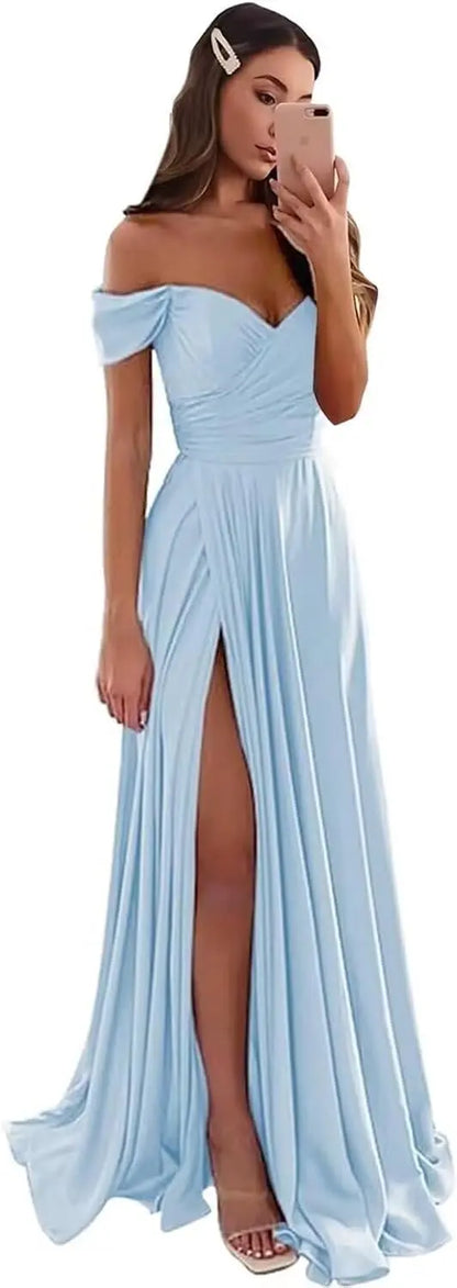 Women's Satin Prom Dresses Long Slit Formal Dresses Off Shoulder Evening Wedding Party Gowns Ruched Sweetheart Lace up Back