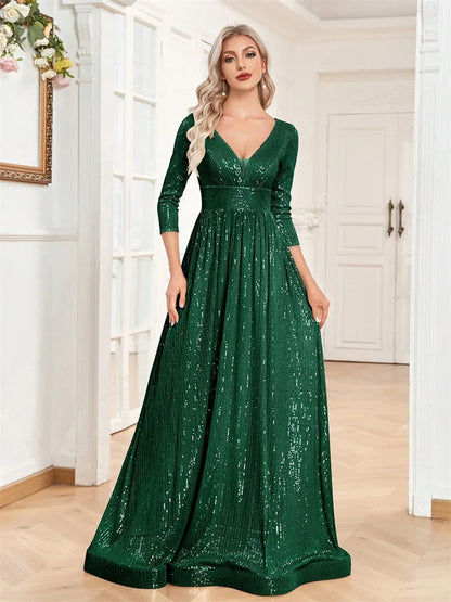 Luxury V Neck Long Sleeves Navy Blue Sequins Formal Evening Dresses Women 2025 Wedding Party Prom Maxi Cocktail Dress Gowns