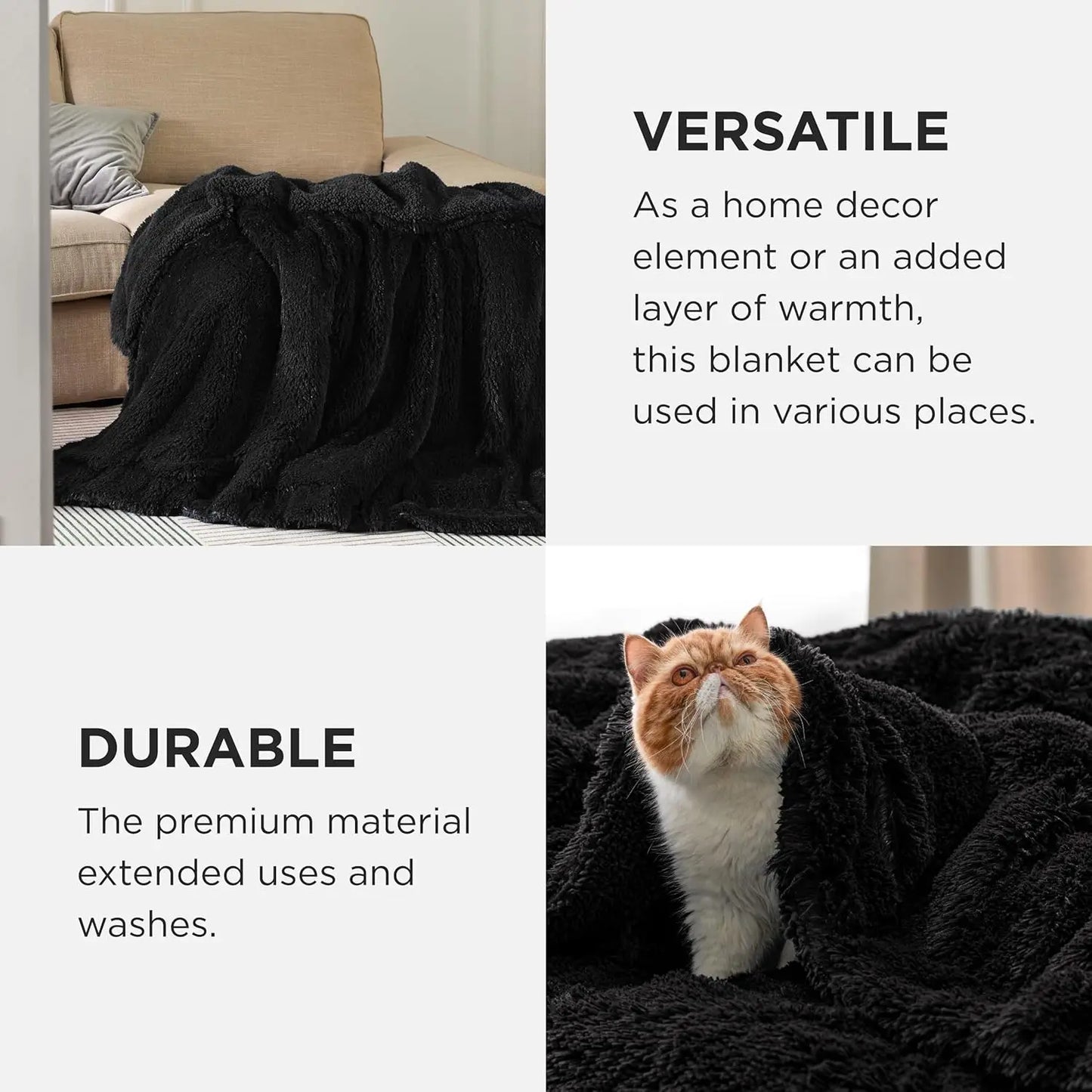Fluffy Black Throw Blanket Gifts for Women Men Soft Fleece Fuzzy Sherpa Plush Warm Minky Thick Faux Fur Throws for Couch Bed