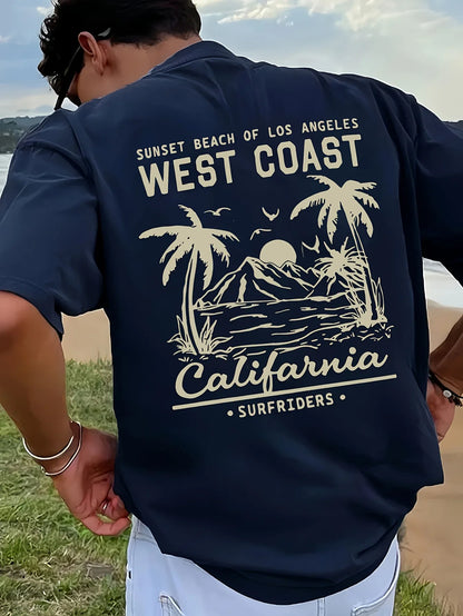 Summer Hot Selling Men's 100% Cotton T-Shirt, Casual Loose Fit, Retro California Beach Surf Print Short Sleeve Crew Neck T-Shirt