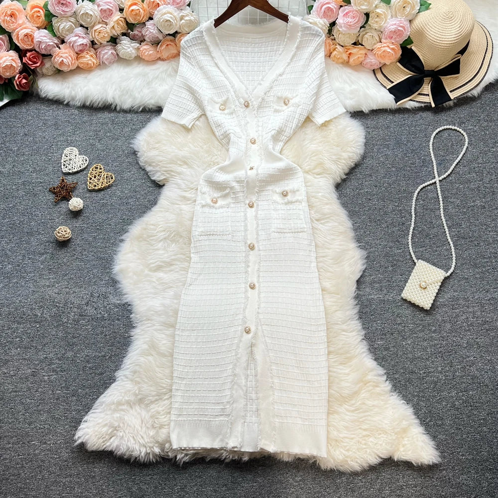 Fashion Sexy Package Hips Knitted Dress Women V-neck Single-breasted Bodycon Sweater Dress Office Lady Vestidos