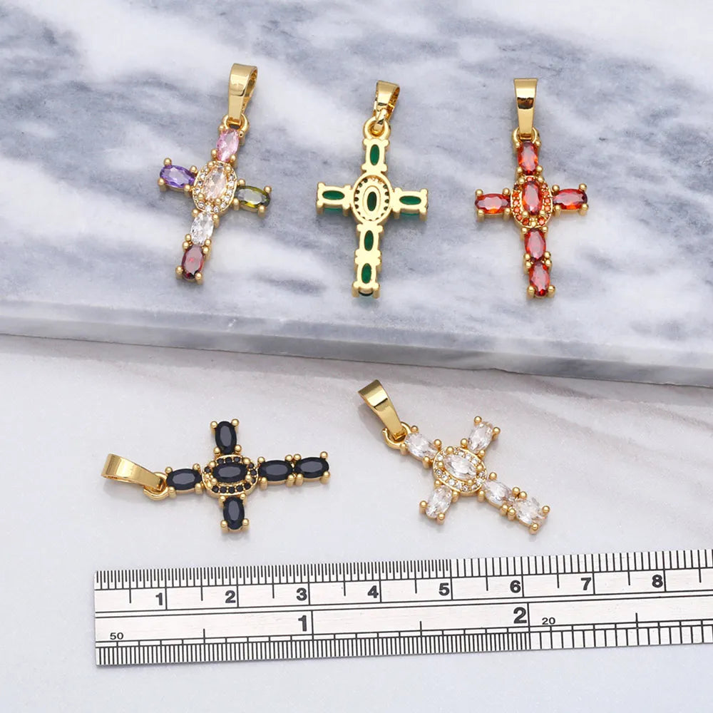Big Rainbow Colorful Cross Pendants for Necklace Gold Plated  Copper Zircon Religious Jewelry Components pdta638