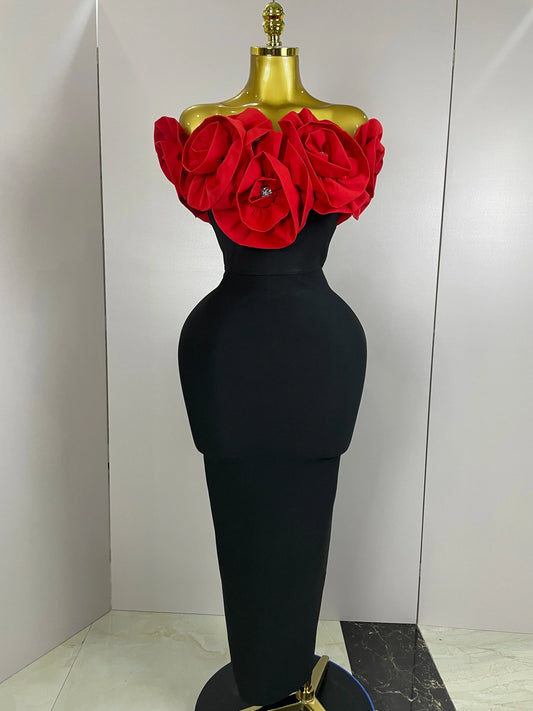Red Flowers Sexy Off The Shoulder Ankle Lenght Bandage Dress Woman Birthday Party Vestido Wedding Party Outfit