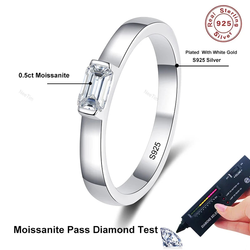 0.5ct 4x6mm Emerald Cut Moissanite Engagement Ring Women Bridal Proposal Rings S925 Sterling Silver Bands Wedding Band