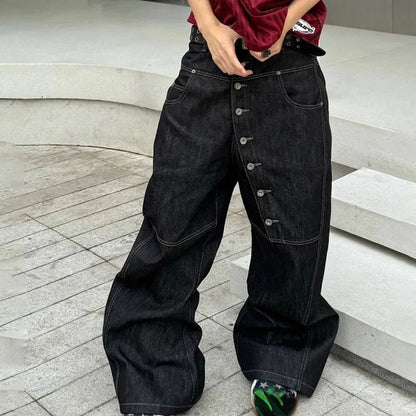 Y2K High Street Buckle Curved Jeans Wide Leg Pants Autumn Men'S Loose Straight Leg Pants Black Korean Casual Pants Hip-Hop Pants