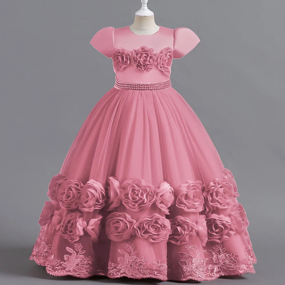 Summer Flower Bridemaids Party Girl Dresses Elegant Wedding Birthday Princess Prom Dress for Girls Bow Evening Christmas Costume