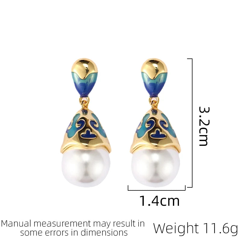 Jewelry Spring New Grid Enamel Earrings Simulated Pearl Dropping Oil Retro Style Earrings Women's Party Festival Gift