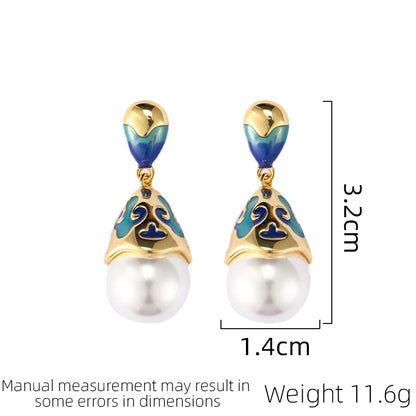Jewelry Spring New Grid Enamel Earrings Simulated Pearl Dropping Oil Retro Style Earrings Women's Party Festival Gift