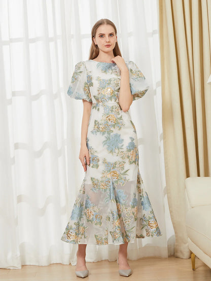 Elegant Floral Organza Fishtail Long Dress Maxi Luxury Mermaid Evening Dress Puff Sleeve Fashion Slim Party Club Dress