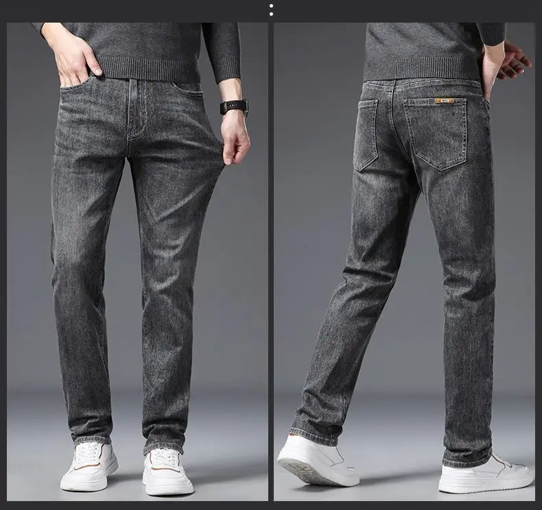 Calça Jeans Masculina Coreana Macia Elástica Slim Fit Negócios Casual Reta Jeans Clássica Marca Azul Lavado Cinza