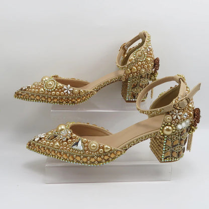 Luxury Champagne Golden Crystal wedding shoes matching bags woman fashion Thick heel Women party dress shoes Pointed Toe shoes