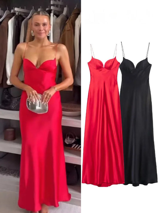 Women Red V-Neck Holiday Style Satin Texture Long Dress Sleeveless Summer Women's Back Zipper Fashion Sling Dresses