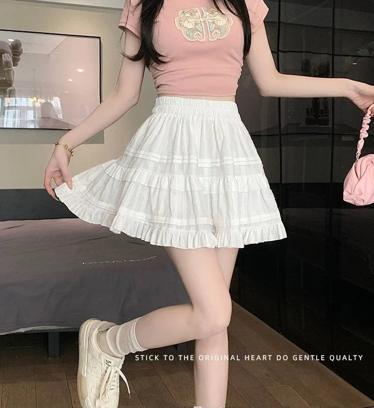 Kawaii White High Waist Pleated Mini Skirts for Women Summer Slim A-Line Skirt Y2K Versatile Puff Tiered Faldas for Girls Female