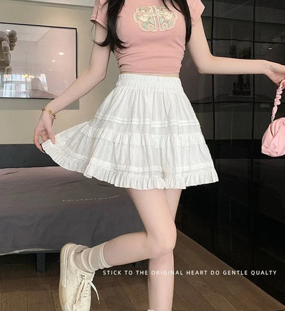 Kawaii White High Waist Pleated Mini Skirts for Women Summer Slim A-Line Skirt Y2K Versatile Puff Tiered Faldas for Girls Female