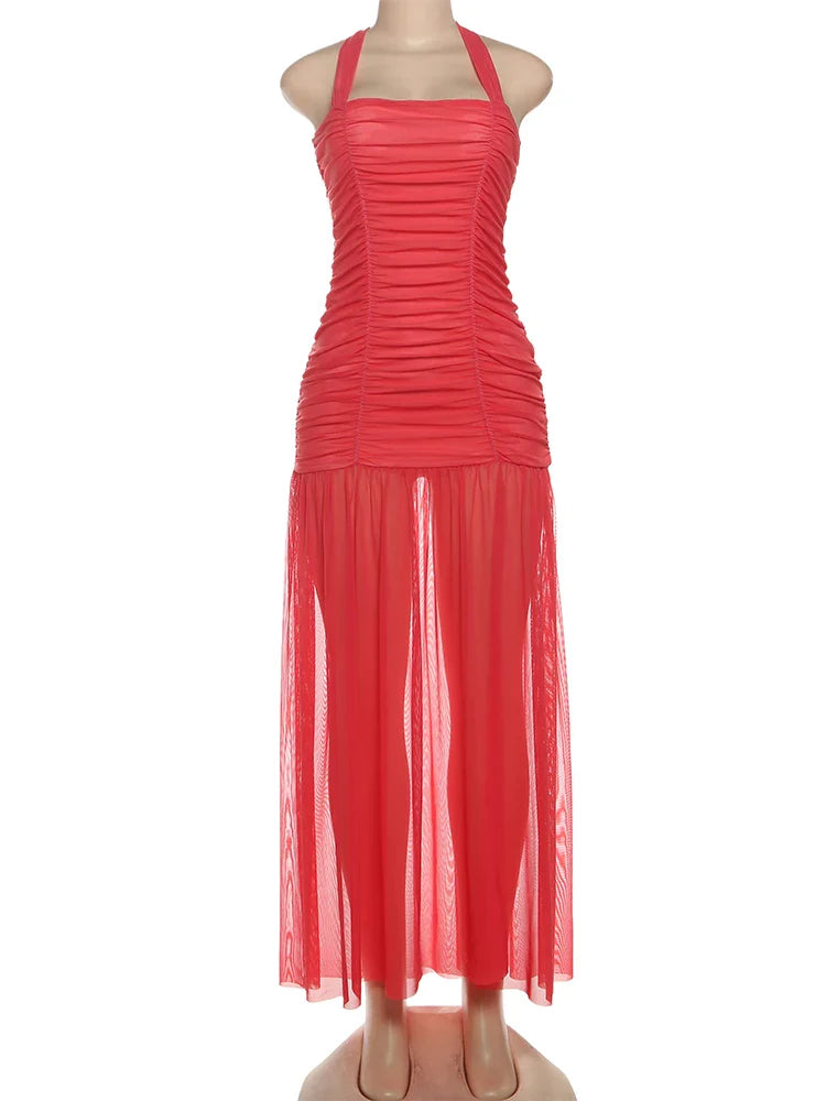 See Through Hem Dress Women Ruched Halter Summer Trend Sleeveless Backless Patchwork Midnight Clubwear Party Maxi Bodycon